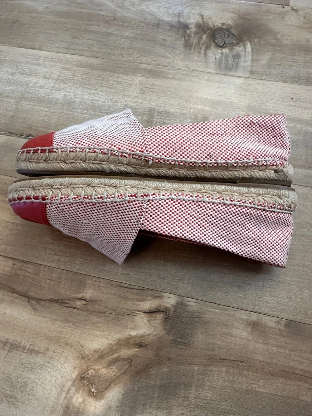 Tory Burch Coral and White Woven Espadrille Slip-Ons